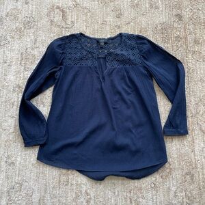 J. Crew Navy Long Sleeve Crochet Yoke Blouse